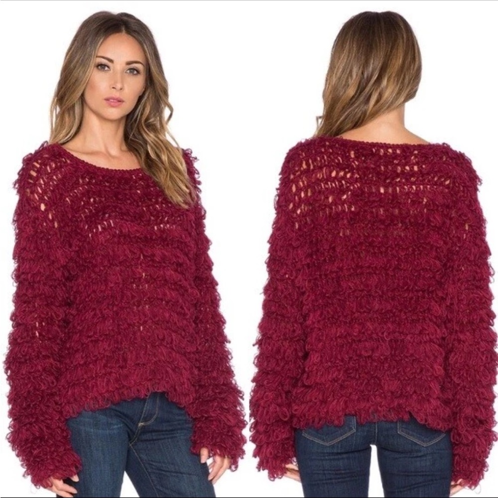 For Love & Lemons Red Strick Joplin Chunky Semi-Sheer Looped Knit Sweater M/L